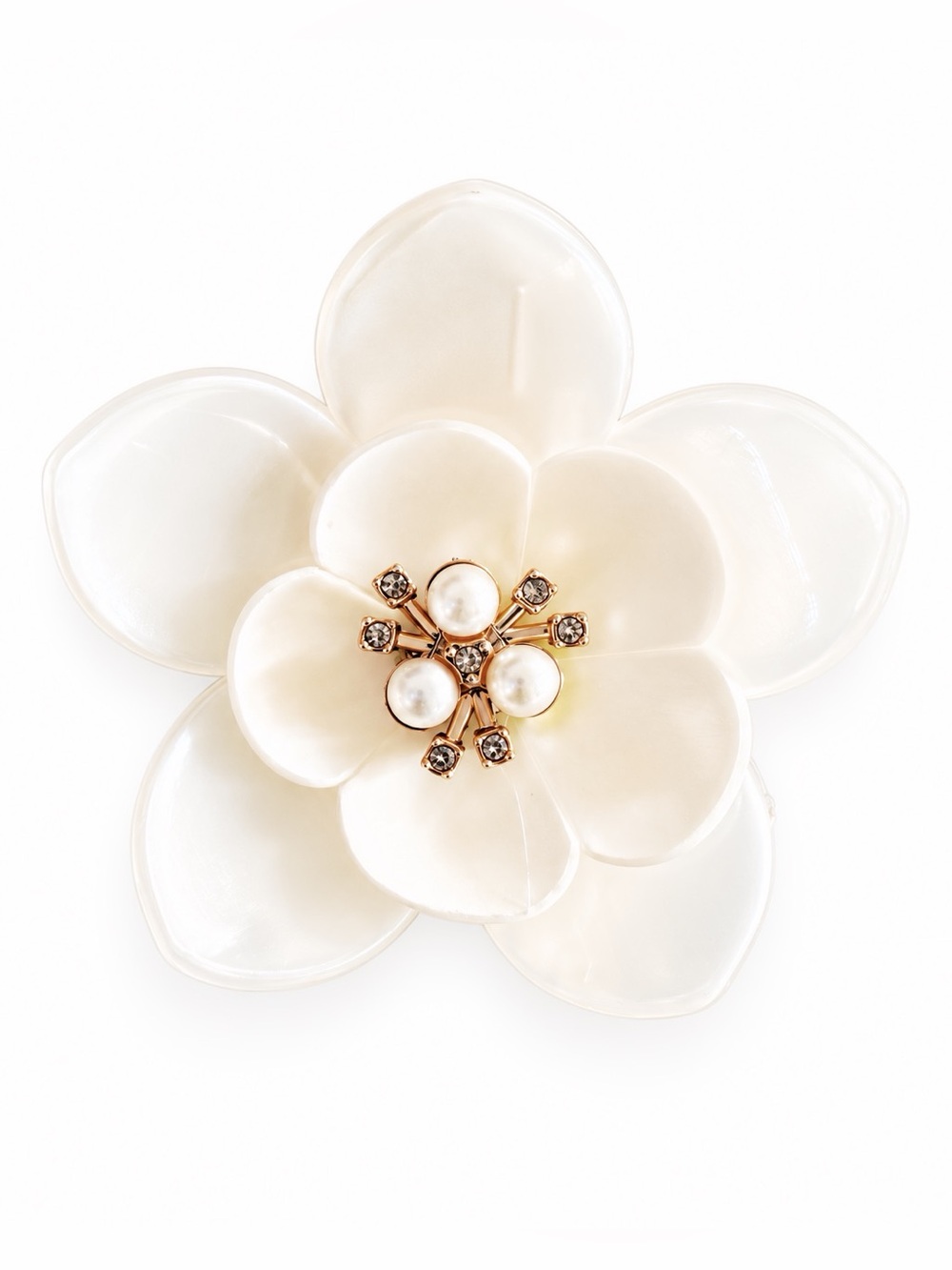 White Gold Pearl Rhinestone Flower Floral 3“ Lobster Claw Hair Clip Tropical